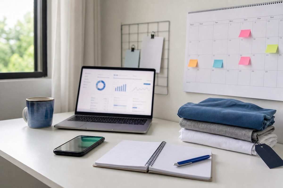 Mesa de planejamento com calendário, notebook, celular e análises abertas para preparar a Black Friday