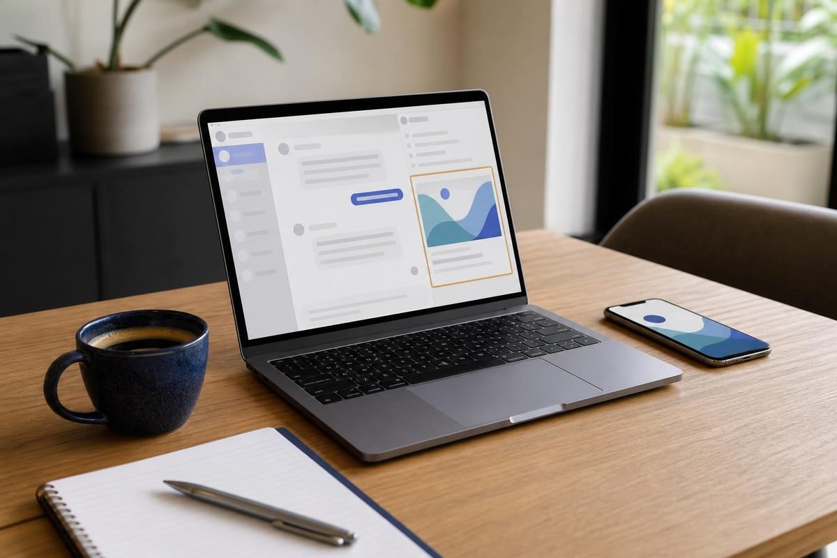Notebook e celular sobre mesa com chat patrocinado no computador