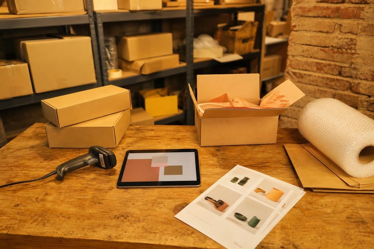 Mesa de embalagem com caixas, plástico-bolha e tablet para preparar campanhas
