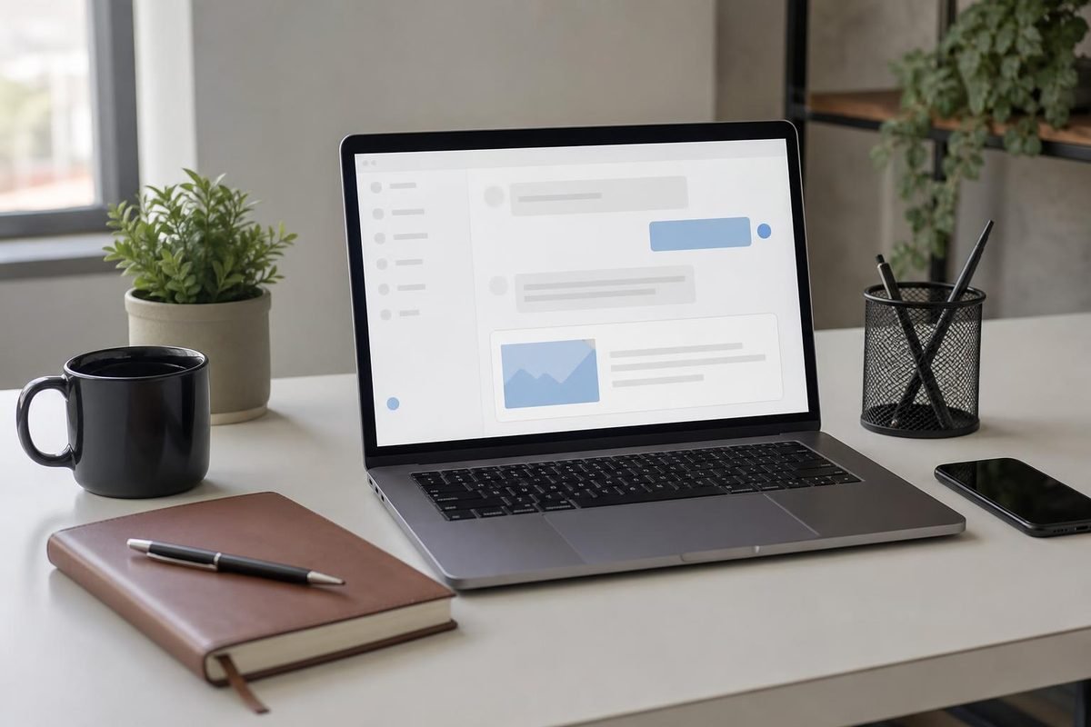 Mesa com notebook e celular exibindo um anúncio abaixo de uma conversa