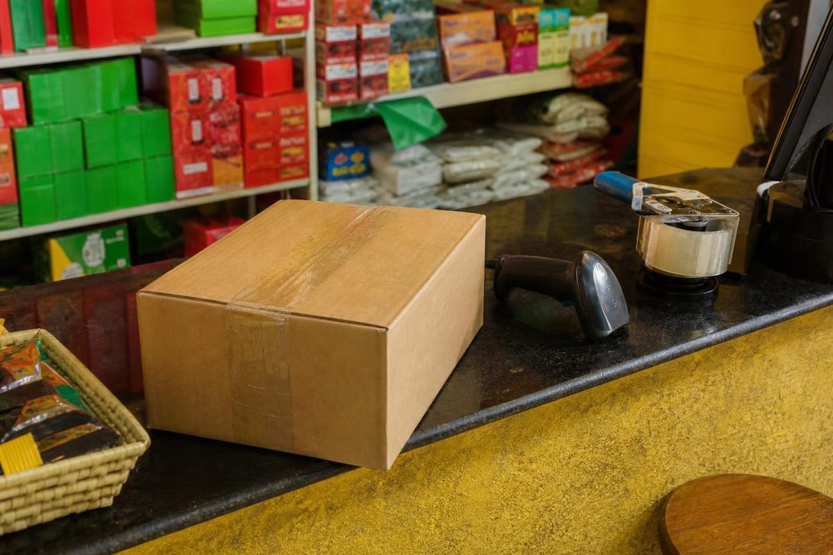 Balcão de loja com encomenda pronta para envio e produtos coloridos