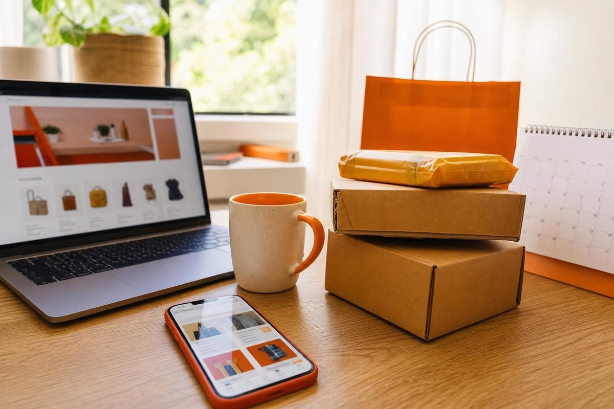 Mesa com celular, notebook e encomendas, representando o começo da busca do consumidor