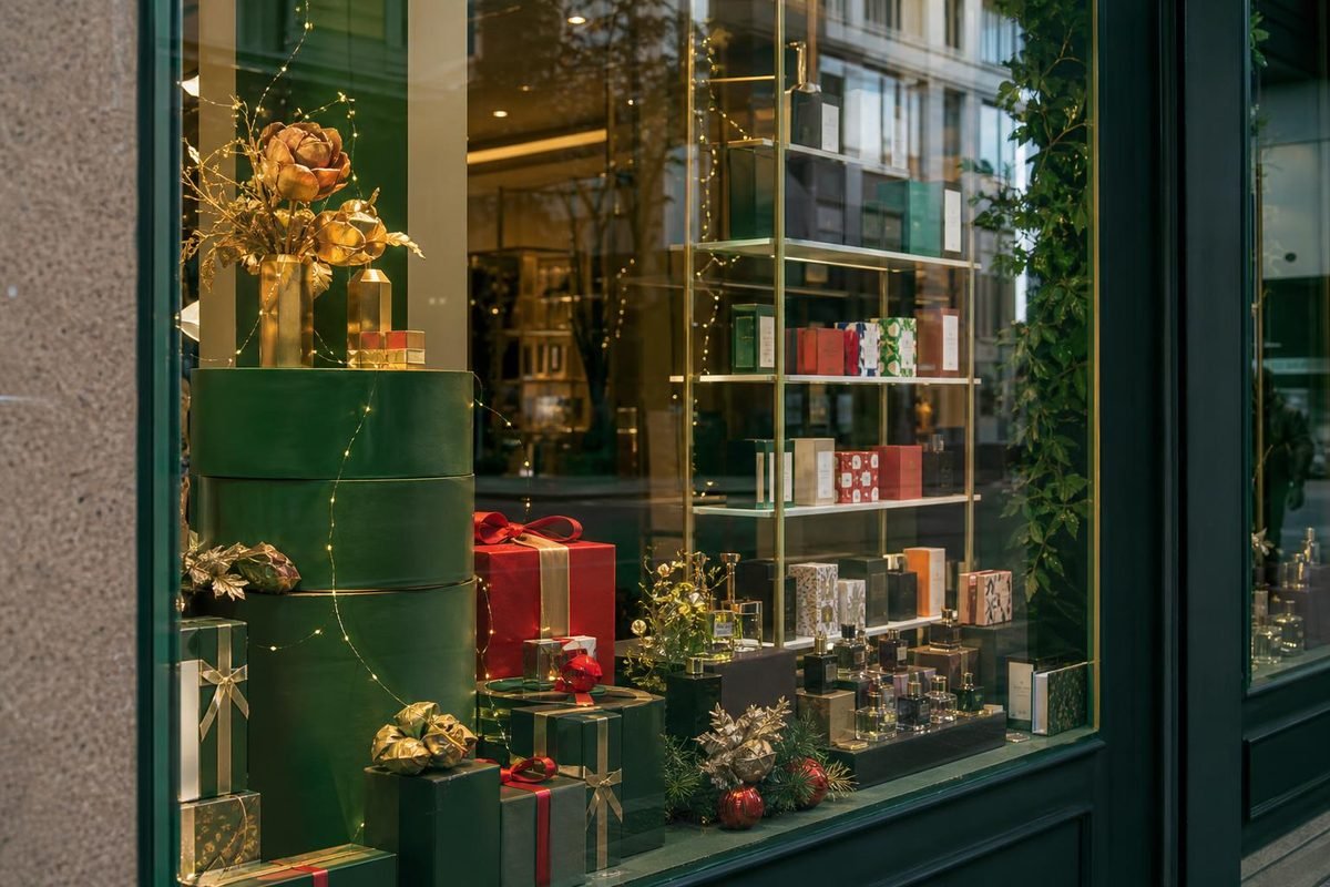Vitrine natalina com caixas e enfeites, mostrando a virada da Black Friday para o Natal