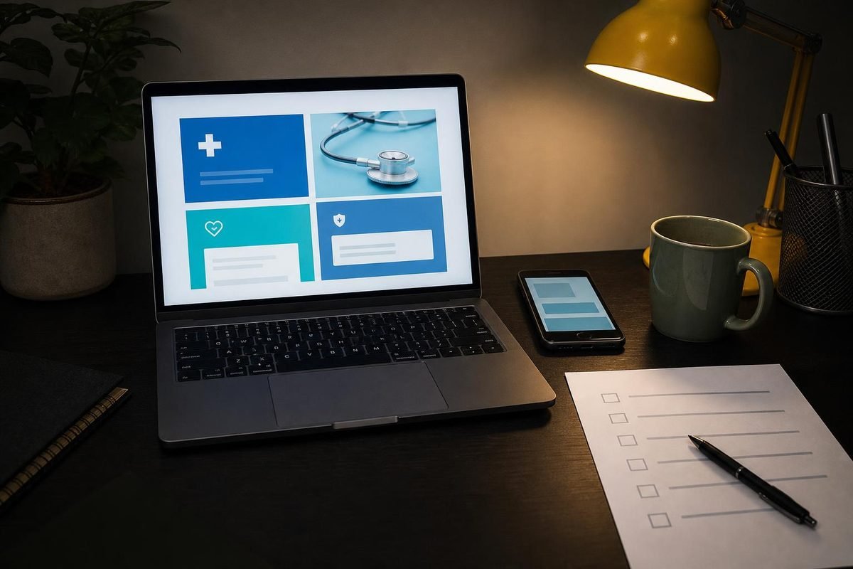 Mesa de trabalho com notebook e celular, simulando revisão de anúncio da clínica.