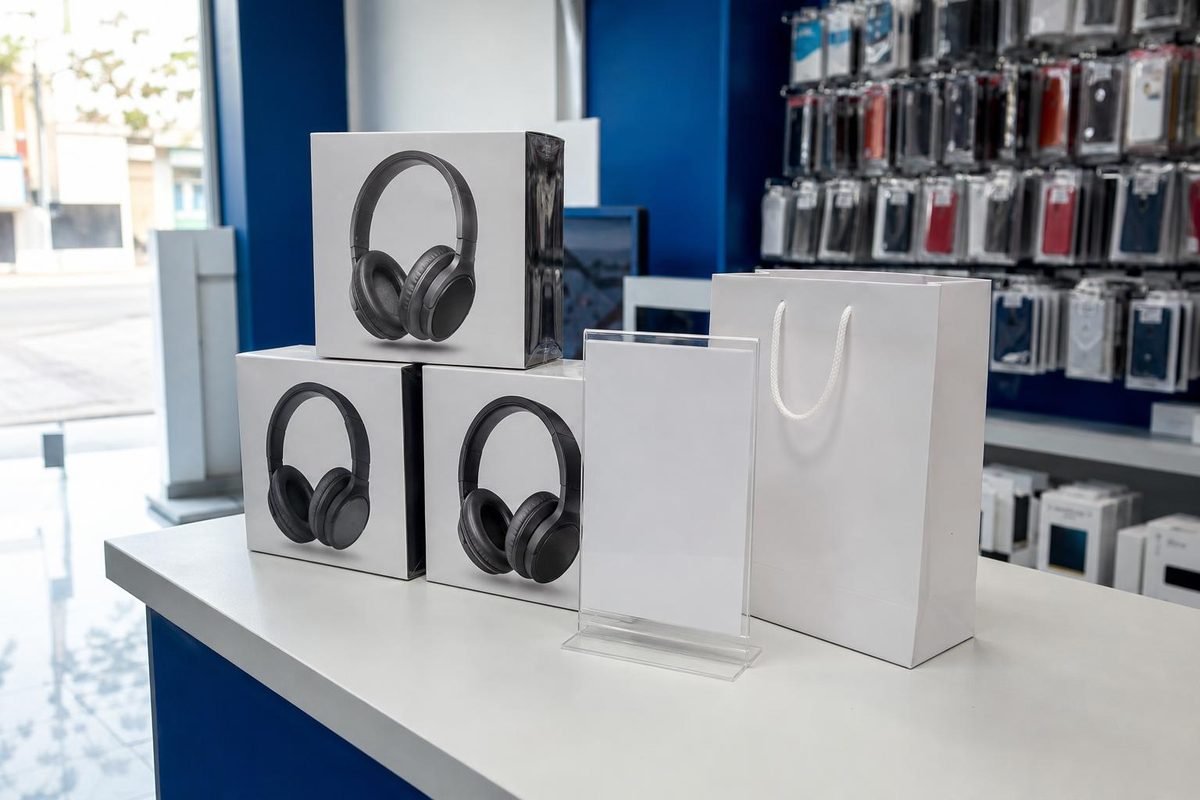 Loja de eletrônicos com produtos expostos e sacola na entrada
