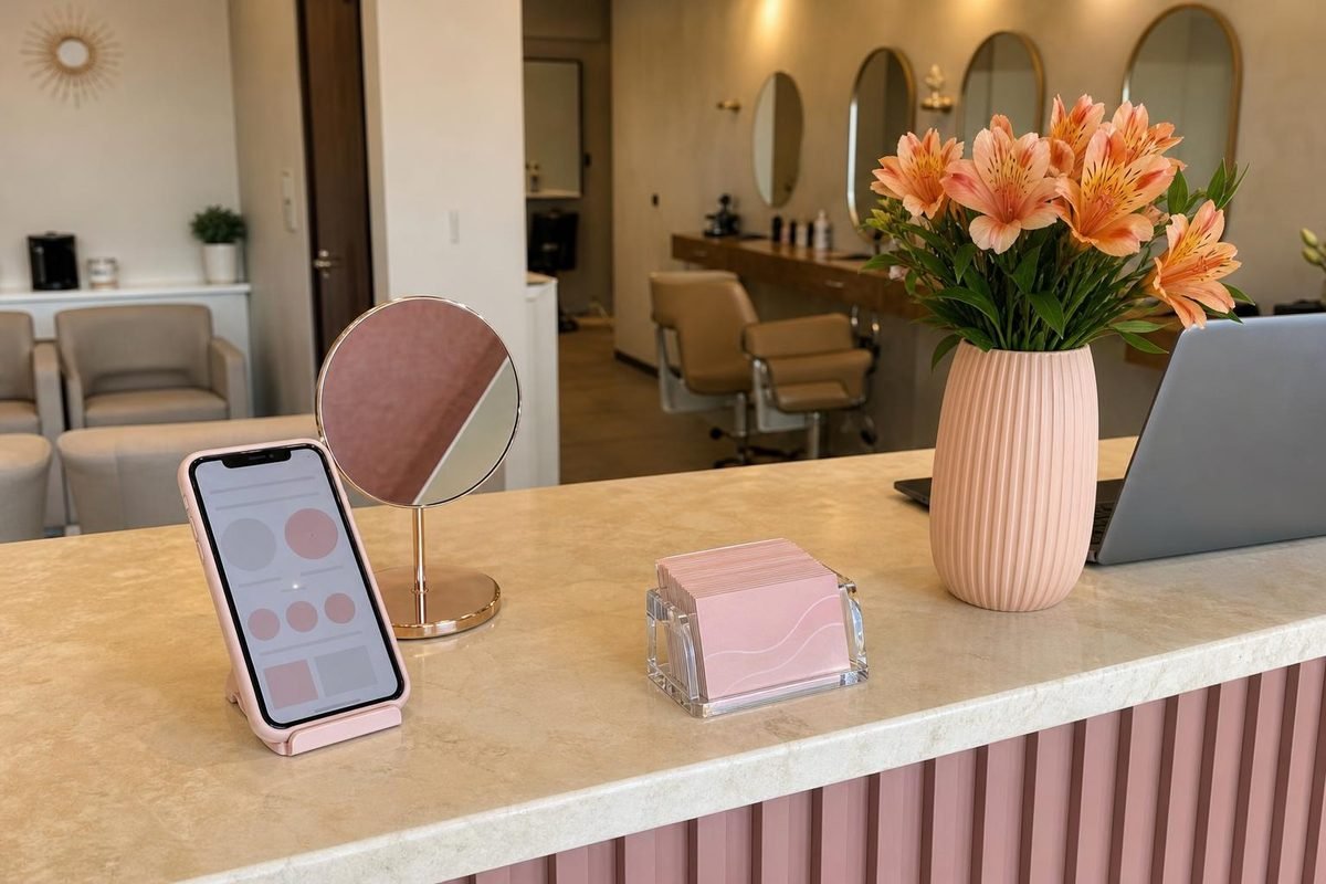 Recepção de salão com celular e mesa organizada para divulgar no Google