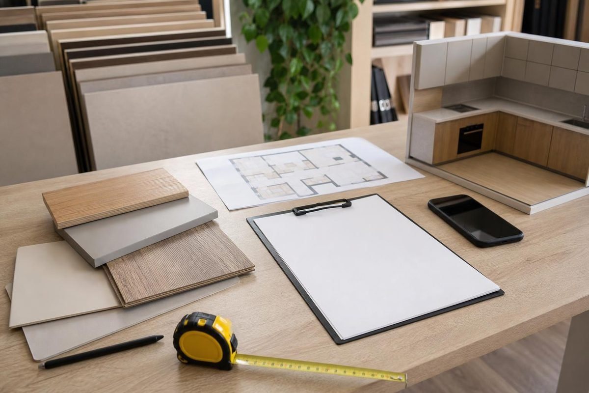 Mesa de showroom com celular, trena, amostras de madeira e planta para qualificar o cliente