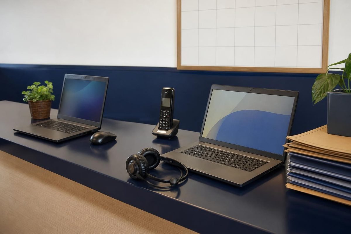 Mesa de atendimento com notebooks, telefone e agenda para acompanhar os leads