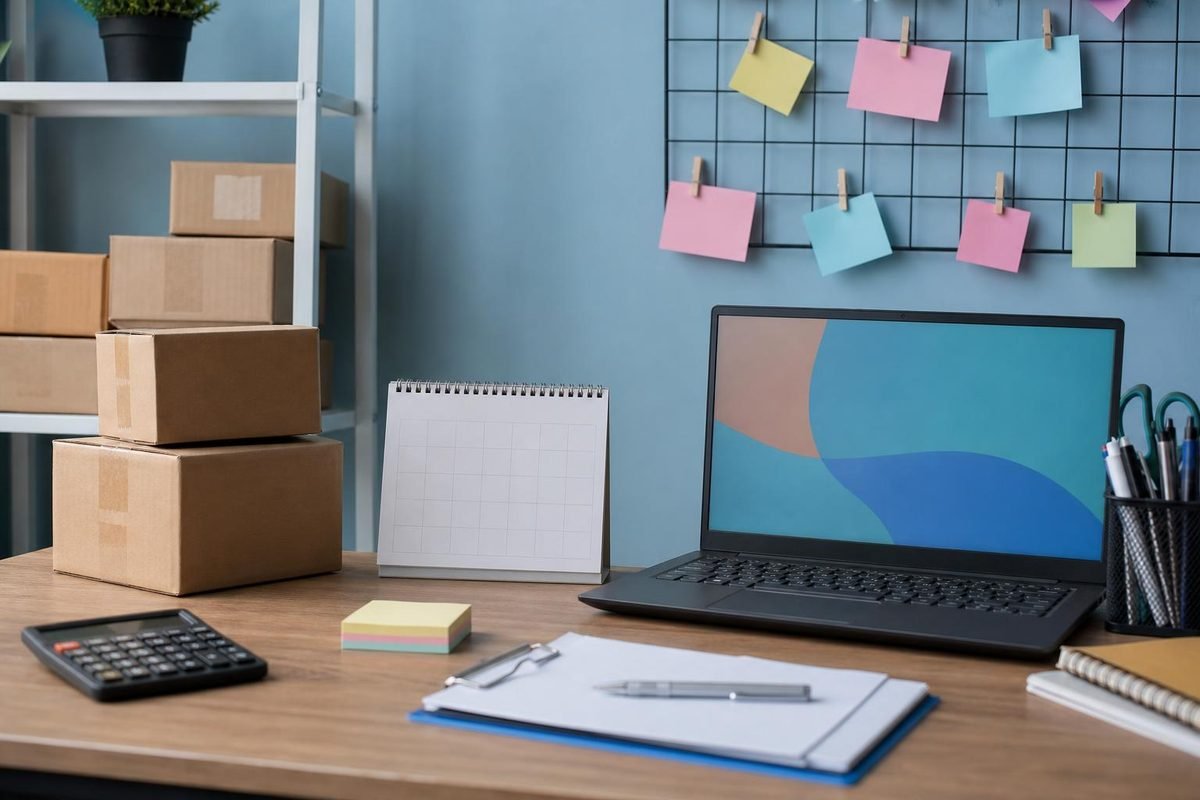 Mesa de e-commerce com calendário, caixas de envio e notas coloridas