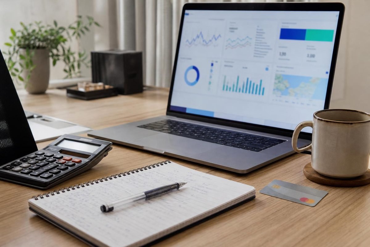 Mesa de escritório com calculadora e notebook para calcular custo por matrícula