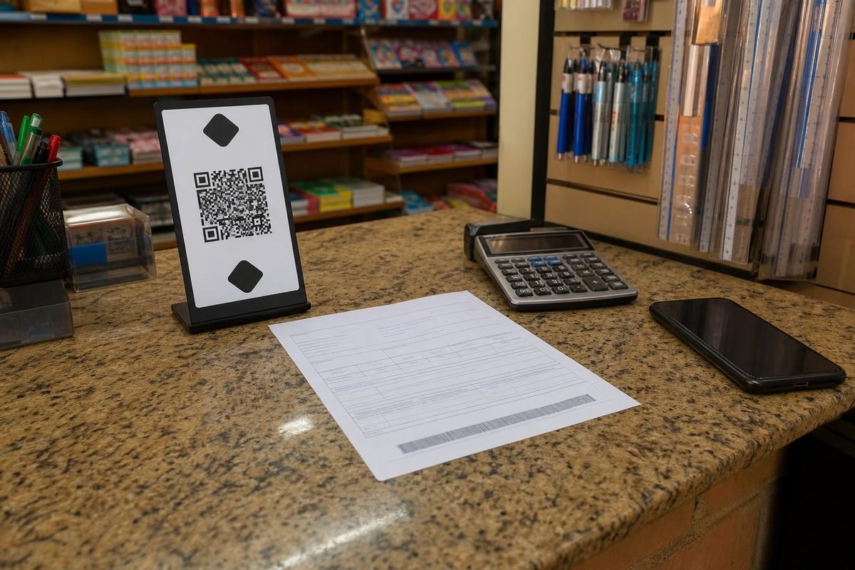 Balcão de loja com boleto e QR Code do Pix lado a lado