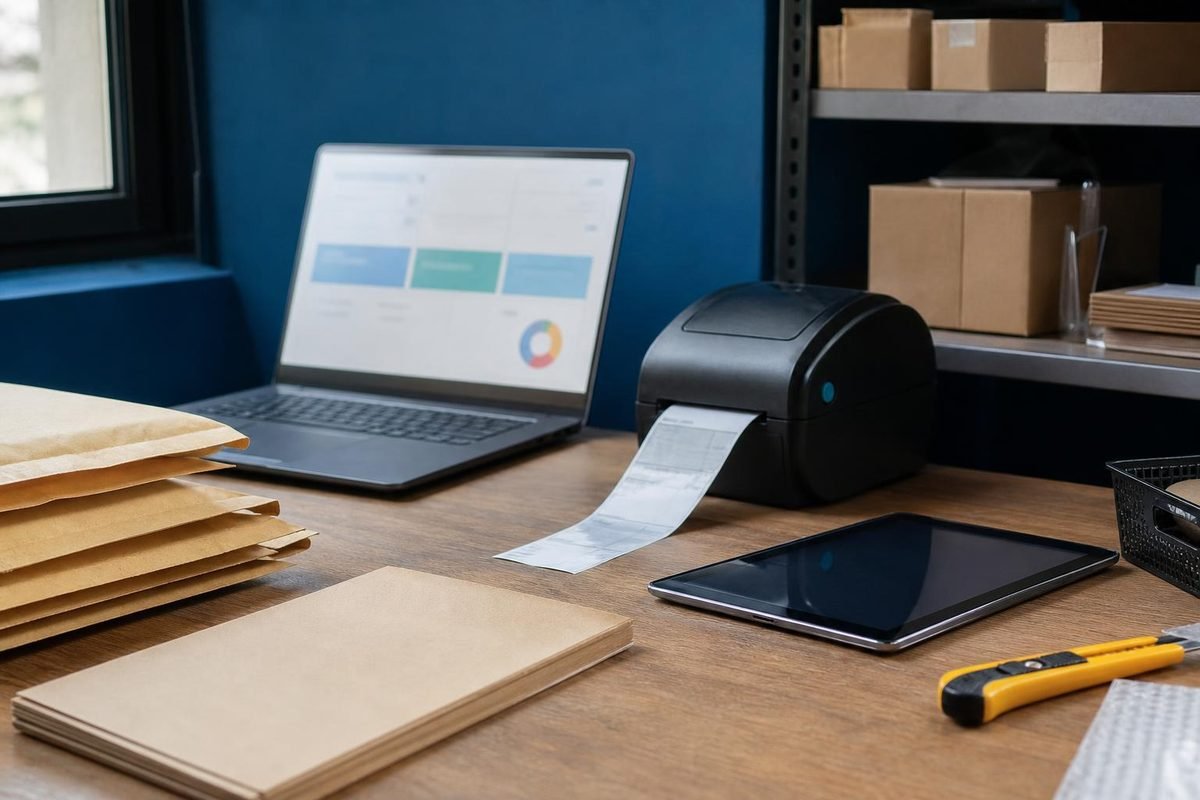Mesa de operação de e-commerce com laptop, etiquetas e embalagens