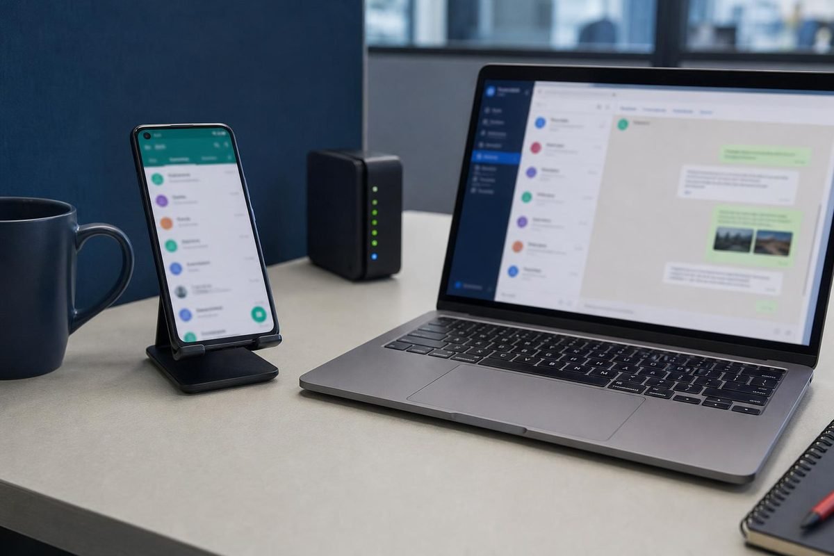 Mesa de atendimento com celular e notebook em tons frios
