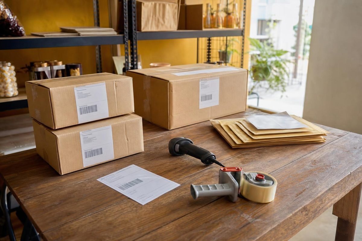 Bancada de embalagem com caixas e etiquetas para envio