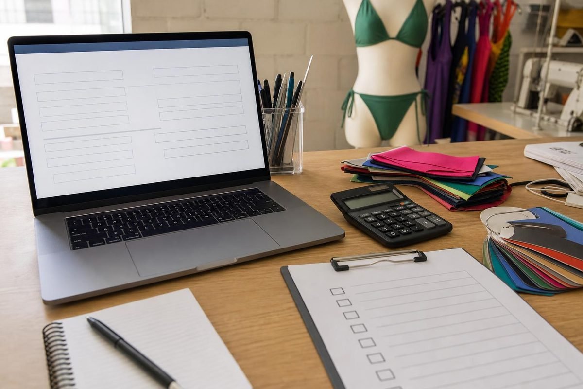 Mesa de escritório com formulário, prancheta e mostruário de cores para qualificar pedidos