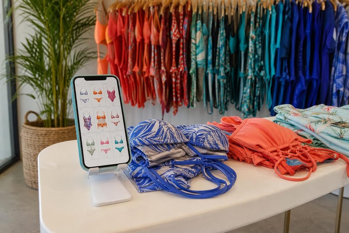 Showroom com celular exibindo vitrine de atacado e peças de moda praia