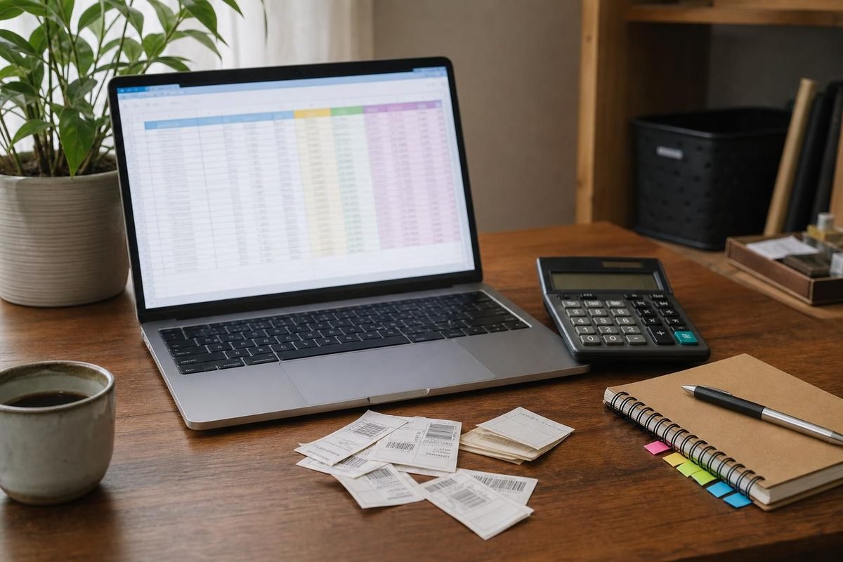 Mesa com planilha, calculadora e etiquetas de preço para calcular descontos