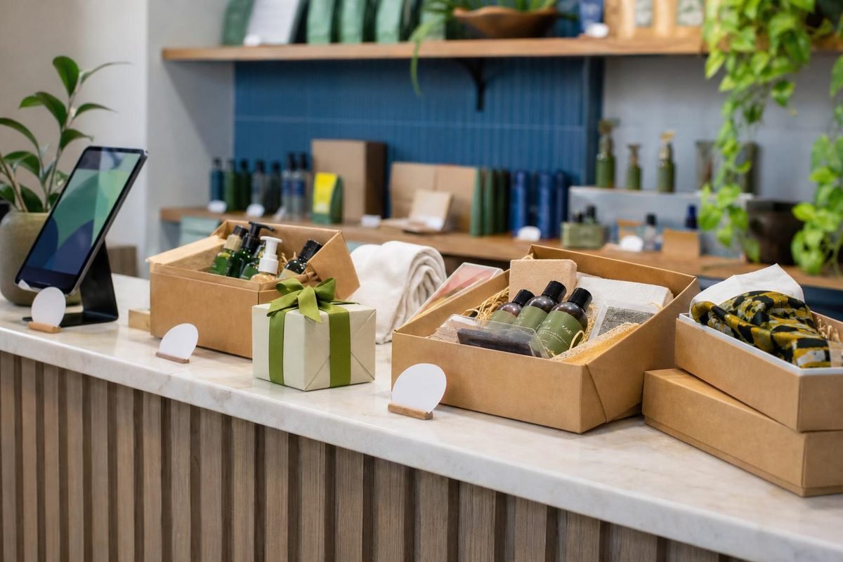 Balcão de loja com kits de produtos e embalagem para ofertas que preservam margem