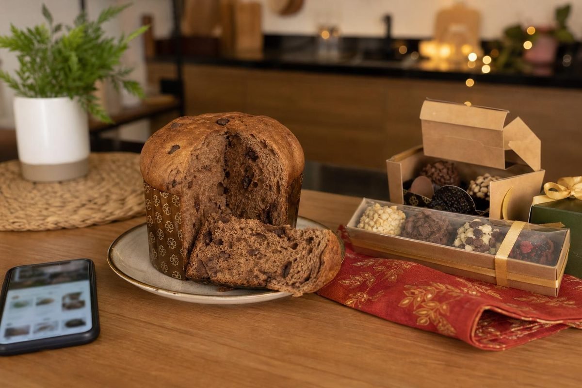 Panetone fatiado, doces de Natal e celular sobre bancada de cozinha