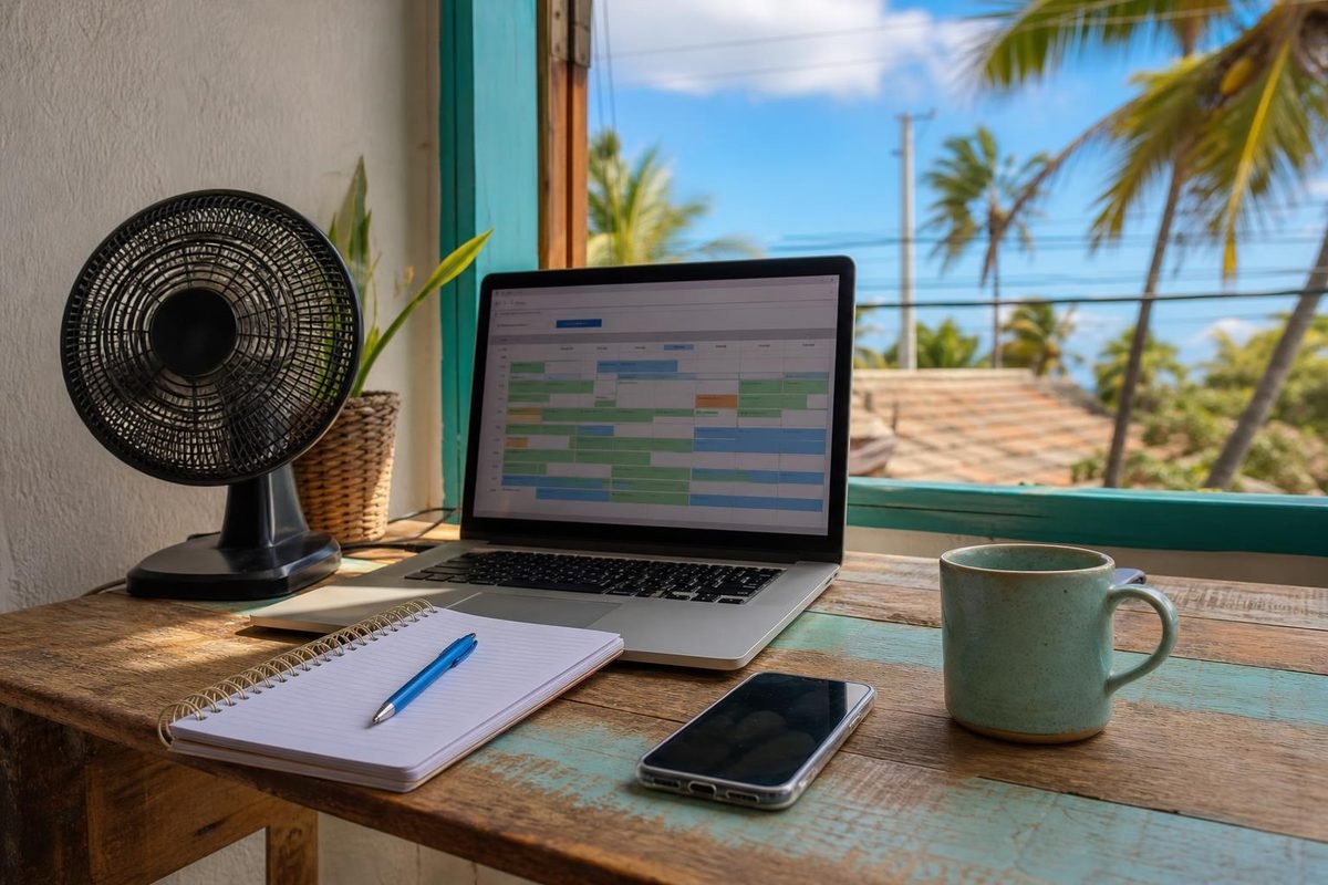 Mesa de pousada com calendário, notebook, celular e janela para o mar