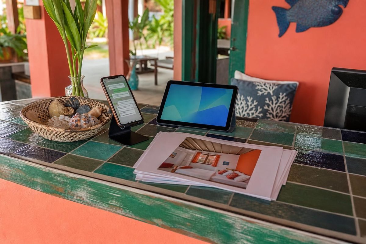 Balcão de pousada com celular em conversa, tablet e fotos de quartos