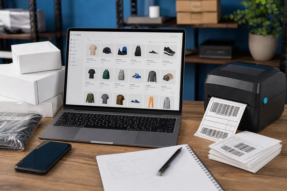 Mesa de trabalho com catálogo de produtos e embalagens para envio