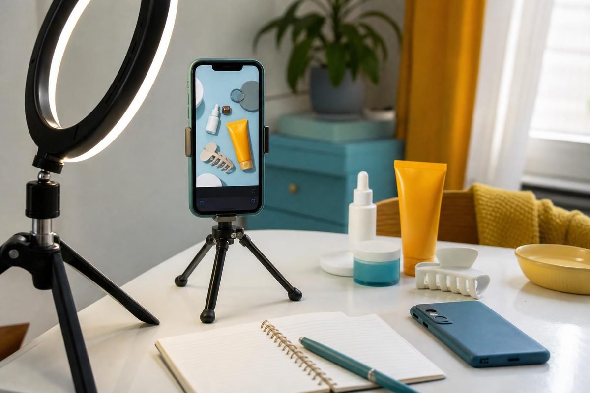 Celular em tripé com vídeo de produto em uma mesa clara, com ring light e acessórios.