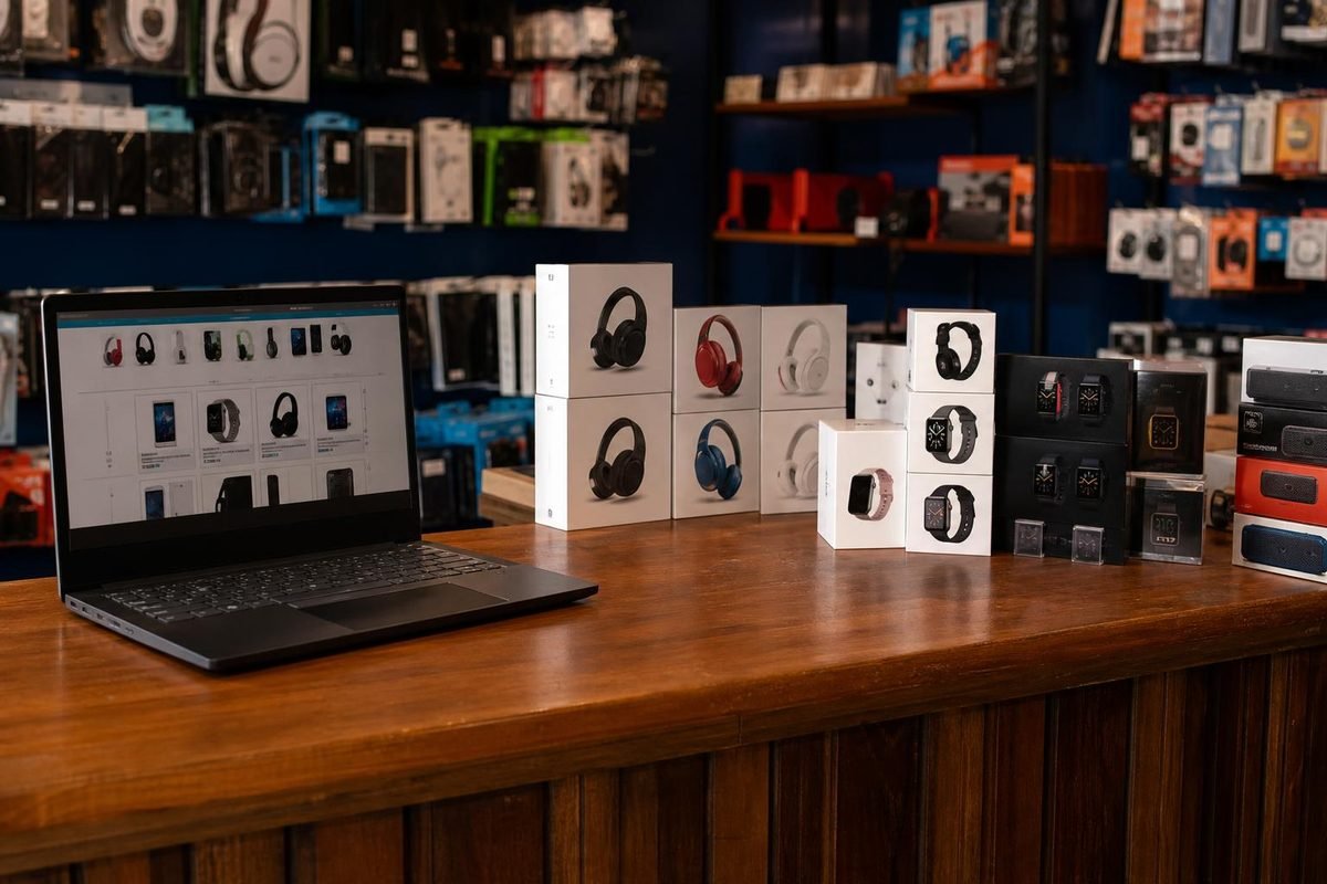 Balcão de loja com notebook aberto e caixas de produtos para catálogo.