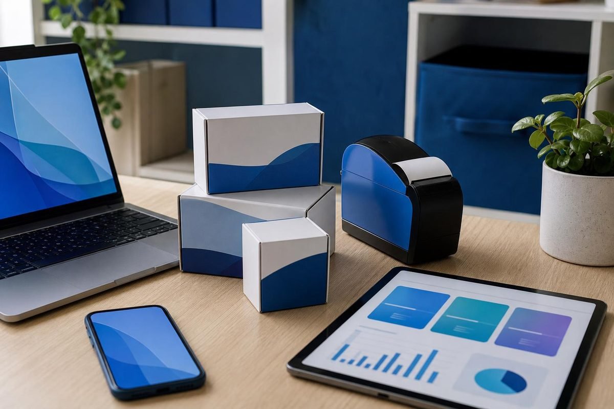 Mesa com laptop, celular e caixas de produtos para planejar campanhas