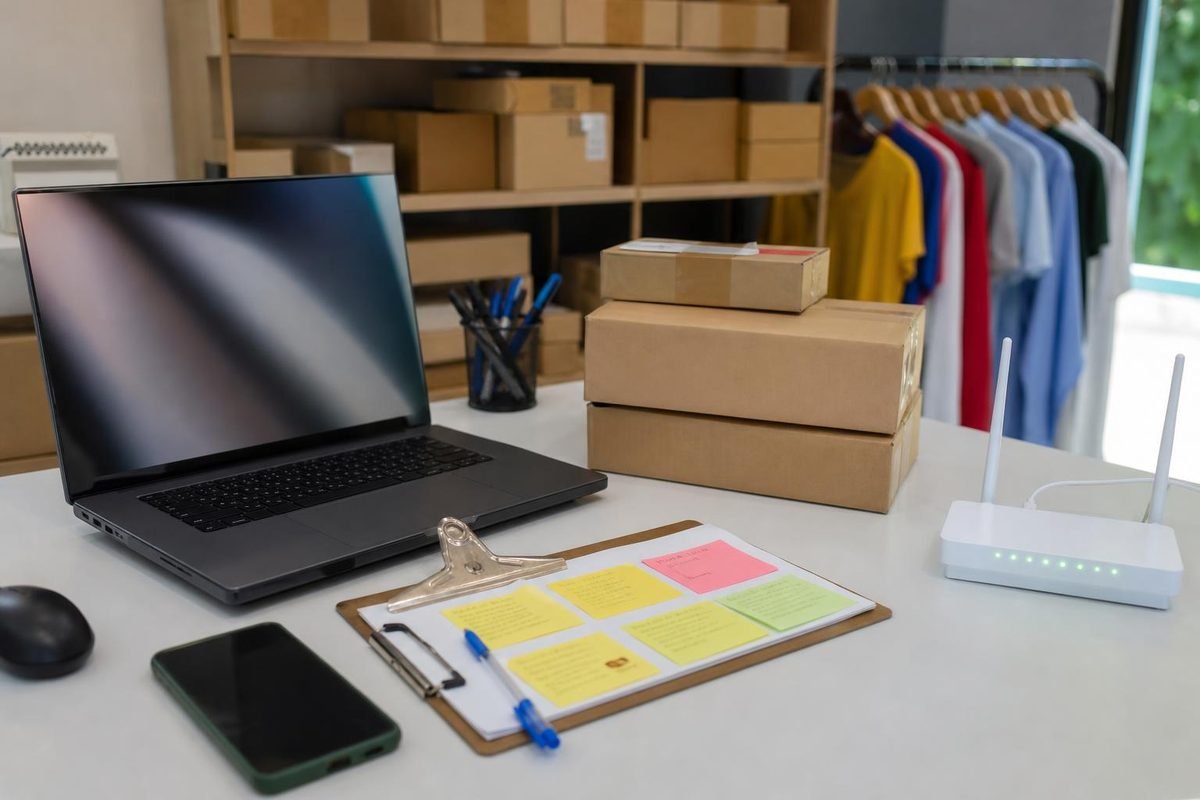 Mesa de e-commerce com notebook, celular, caixas e organização da lista VIP