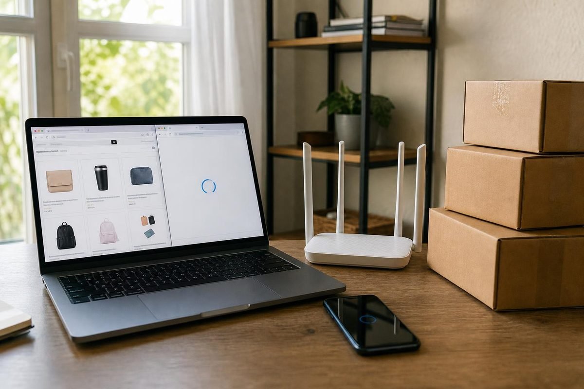 Notebook e celular com página de loja online, caixas e roteador sobre mesa