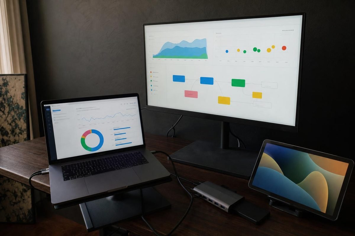 Mesa escura com notebook, monitor e gráficos de rastreamento e conversão