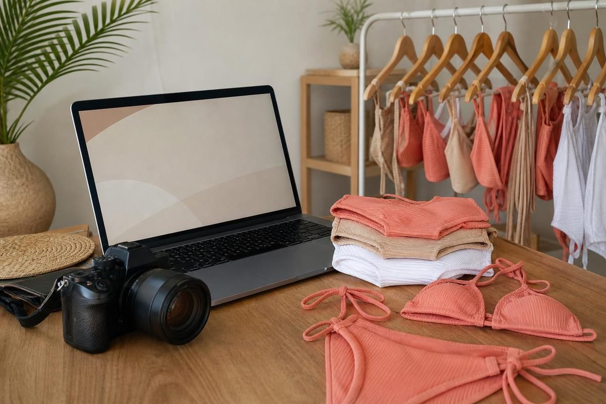 Mesa de estúdio com biquínis dobrados, câmera e notebook para montar a loja online