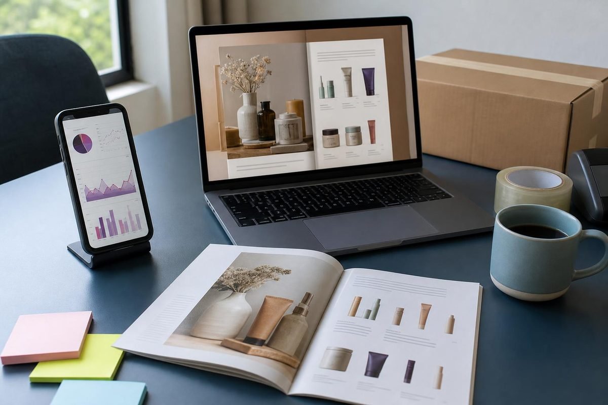 Celular e notebook com catálogo aberto e caixa pronta para envio