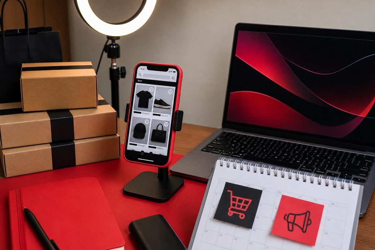 Mesa de e-commerce com celular, caixas de envio e calendário de Black Friday