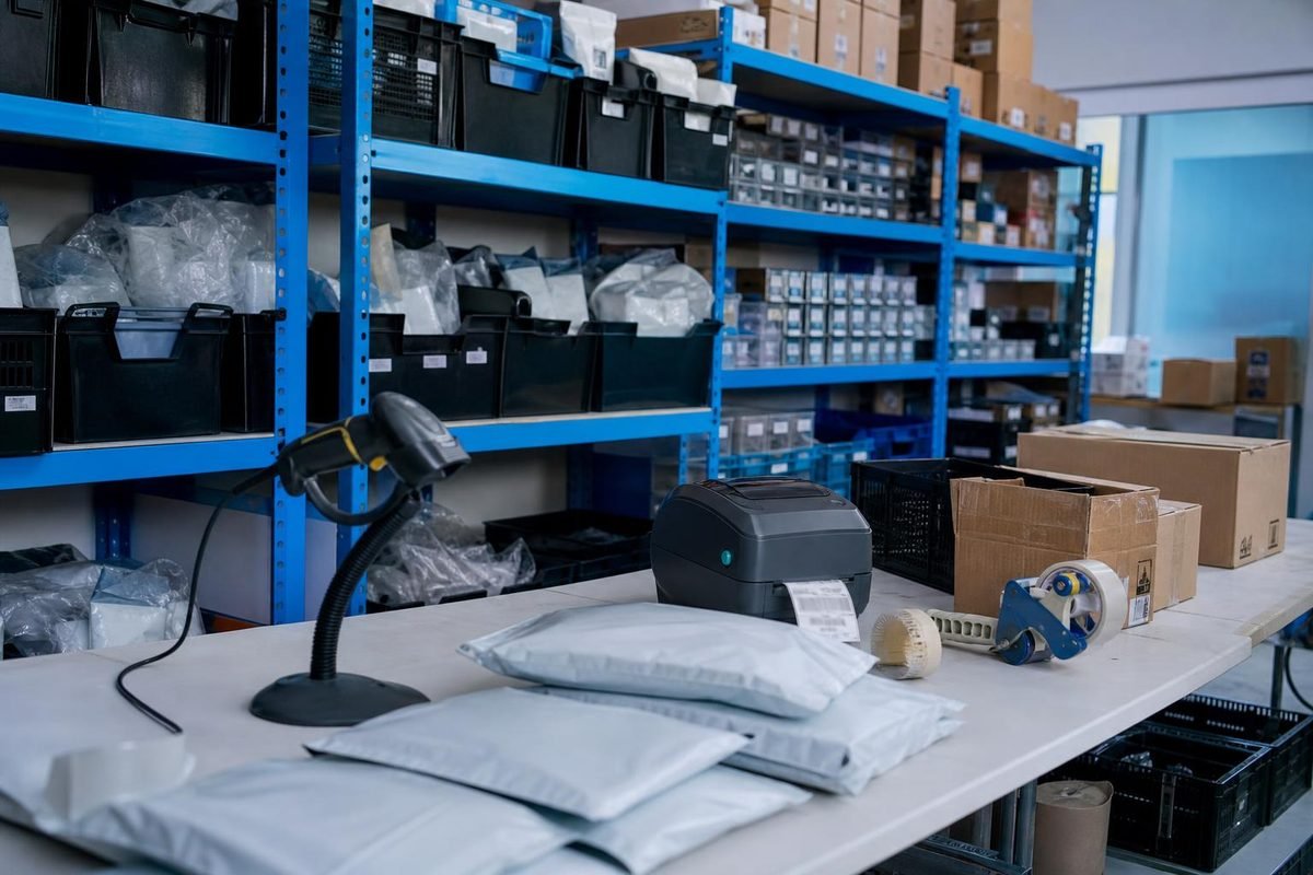 Estoque organizado com caixas prontas para envio e itens de expedição