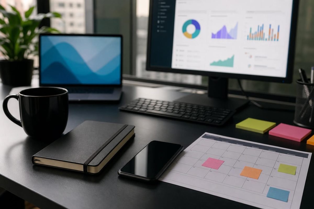 Mesa de planejamento com celular, calendário e monitor de campanhas