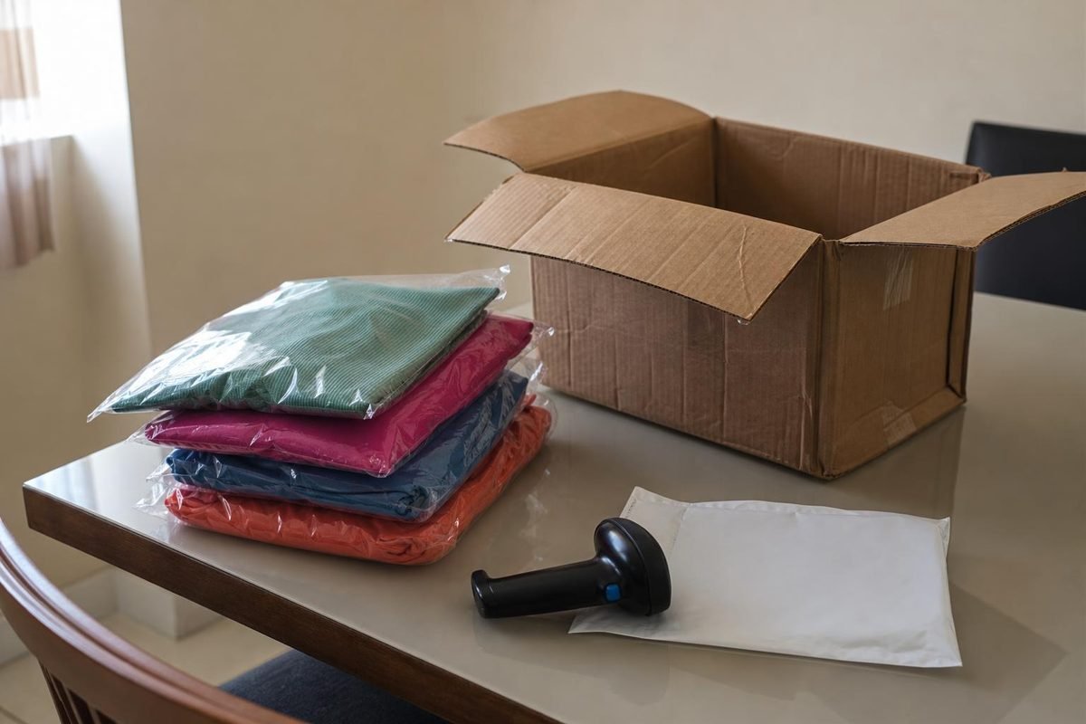 Mesa com pacote aberto e blusas importadas, sugerindo compra online internacional.