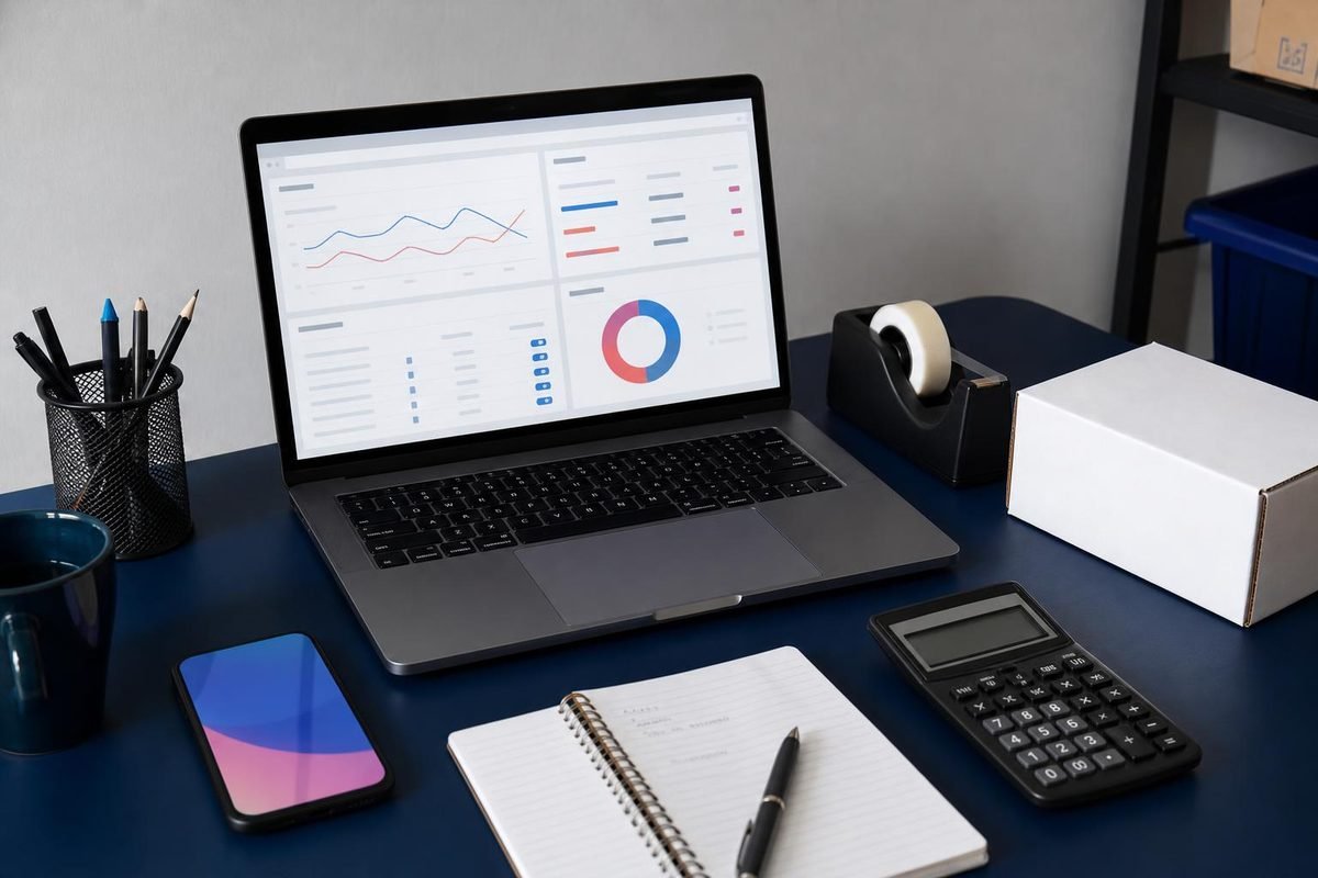 Mesa de trabalho com notebook, celular e calculadora para revisar campanhas de e-commerce.