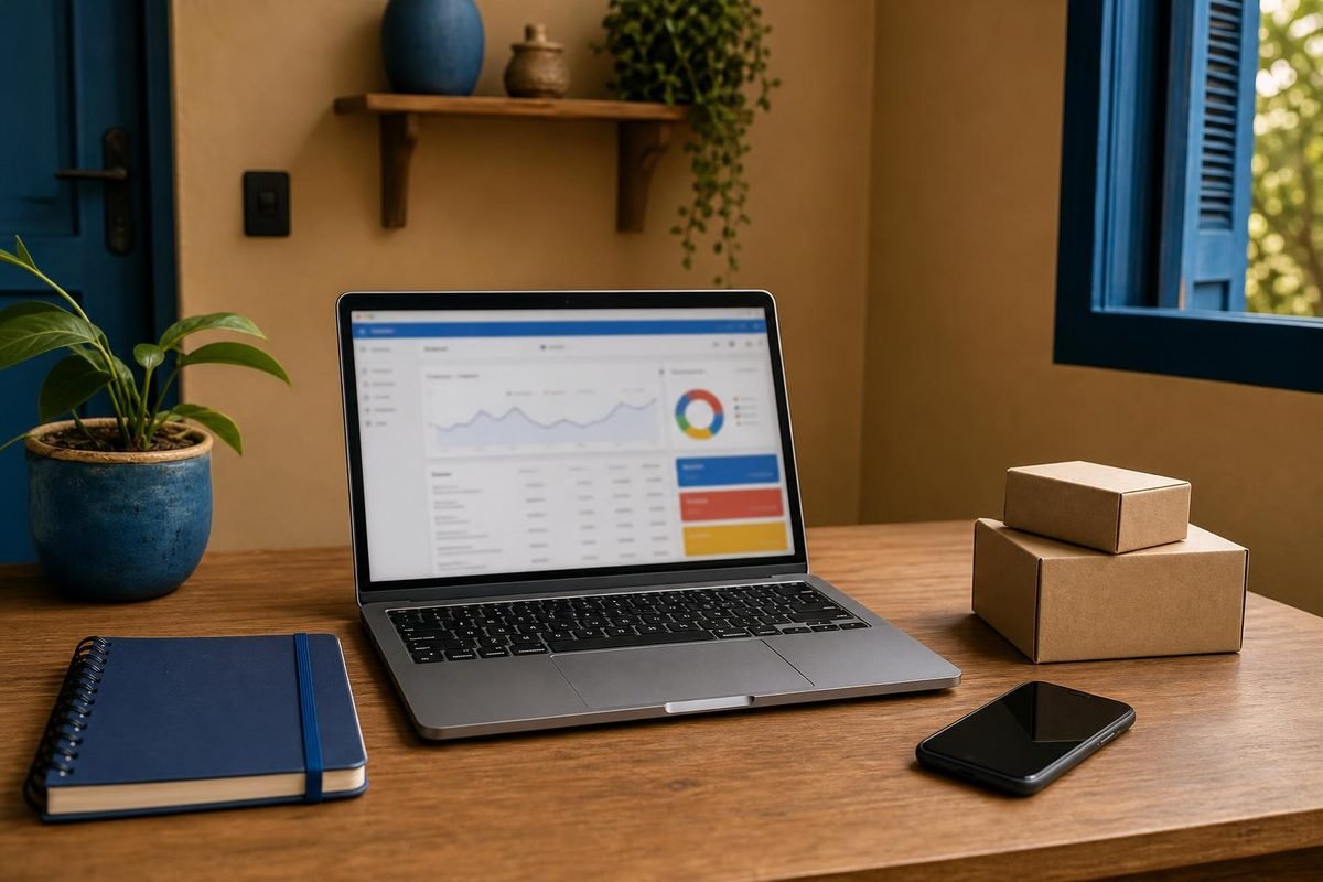 Mesa com notebook e celular mostrando painel de anúncios, em escritório doméstico