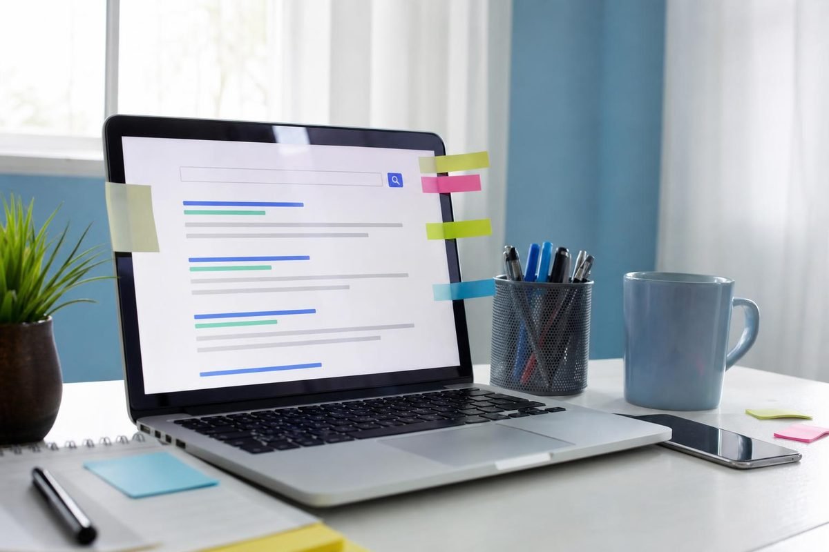 Notebook com busca na tela e celular sobre mesa de trabalho