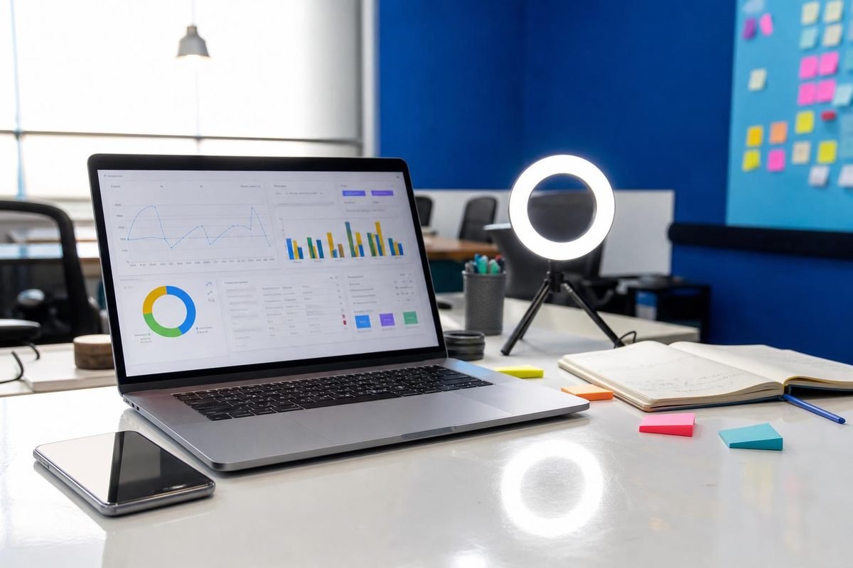 Mesa de agência com notebook, celular e painel de anúncios aberto