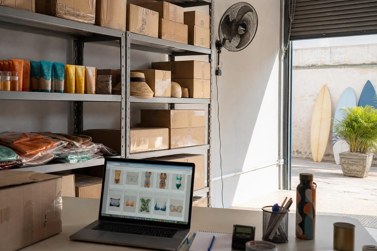 Estoque de loja online com produtos de verão e computador