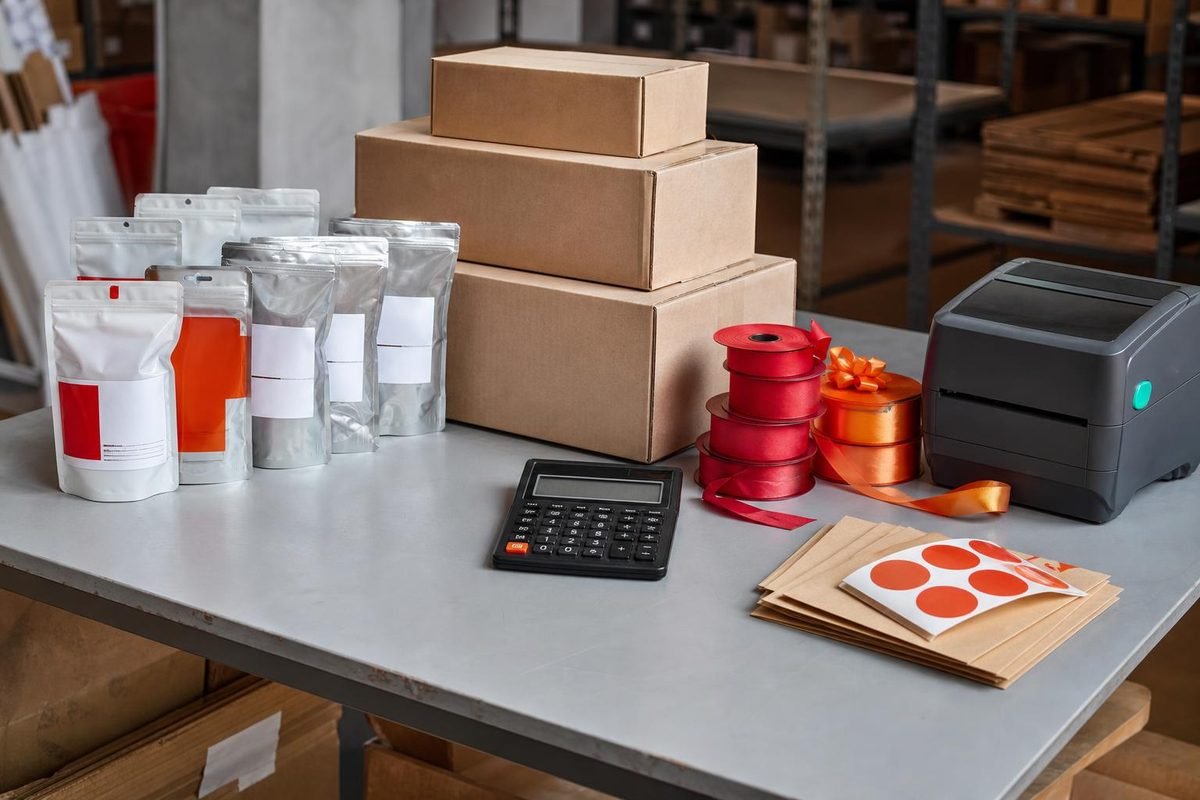 Mesa de operação com embalagens e materiais de expedição