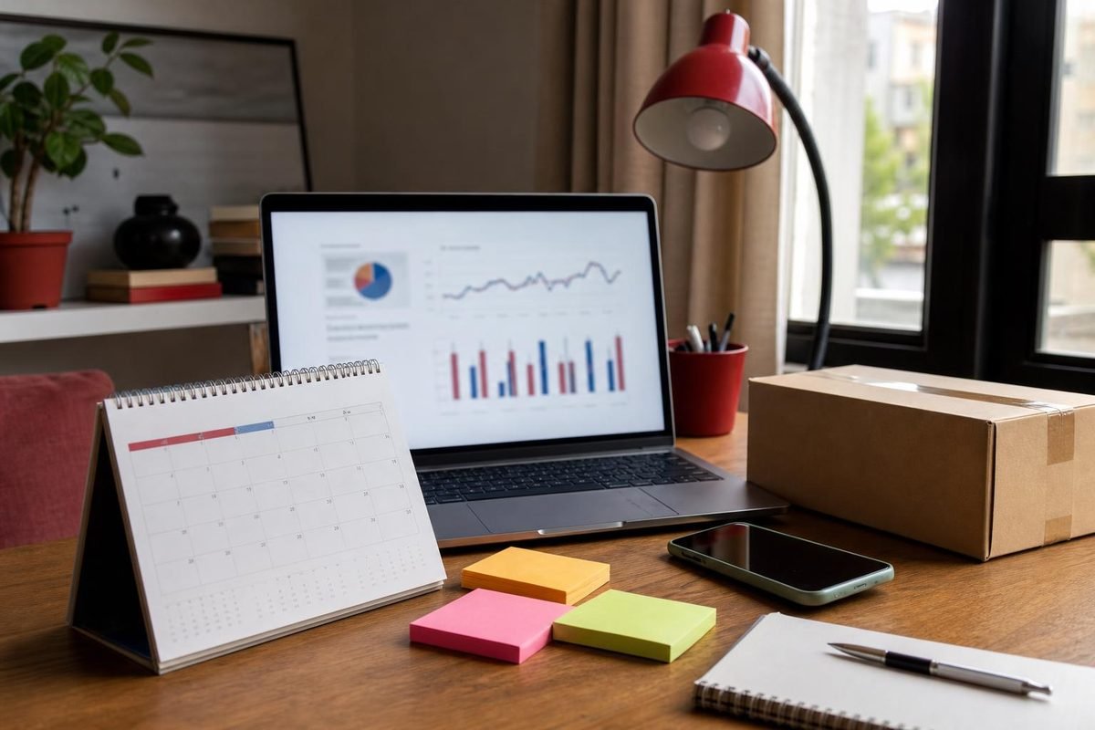 Mesa com calendário, notebook, caixa de envio e celular para planejar campanhas de fim de ano