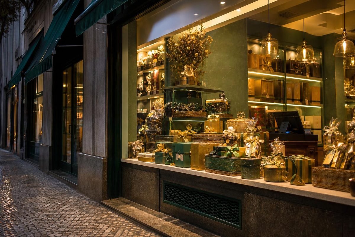 Vitrine de loja de bairro com presentes e luzes quentes para vendas de dezembro