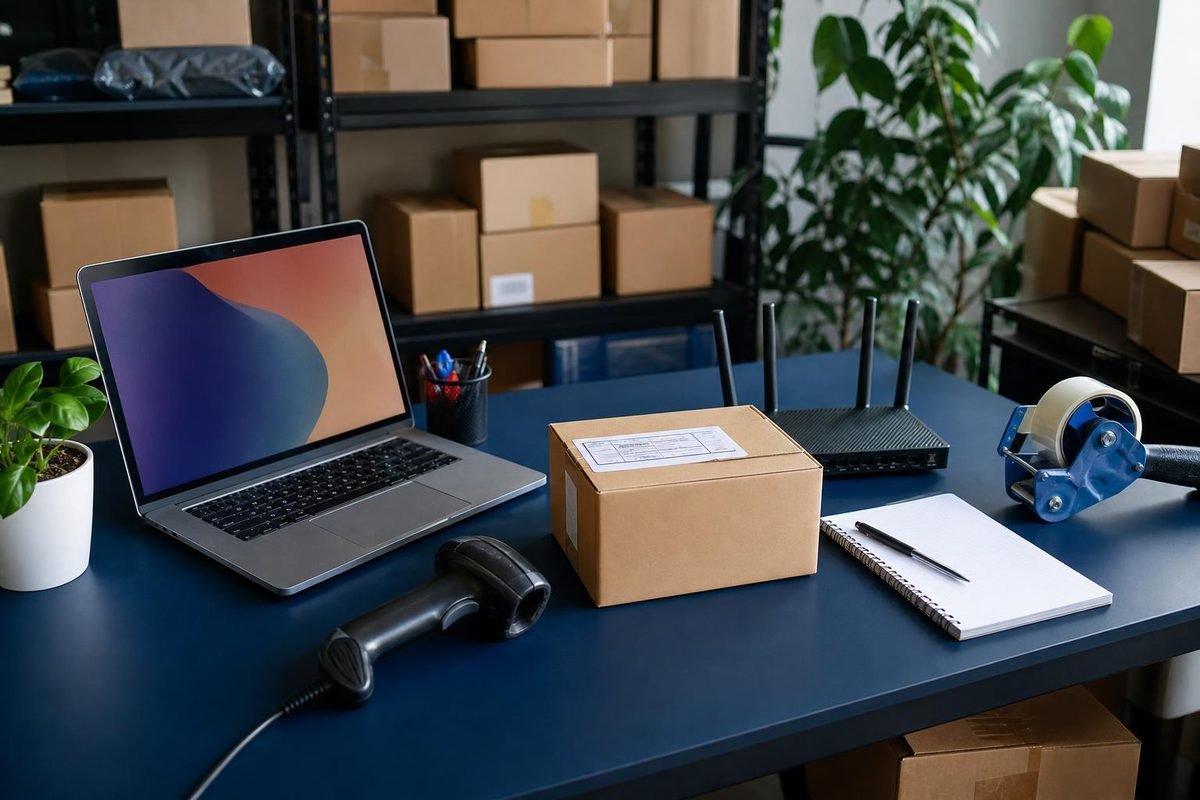 Mesa de e-commerce com caixas, laptop e itens prontos para envio