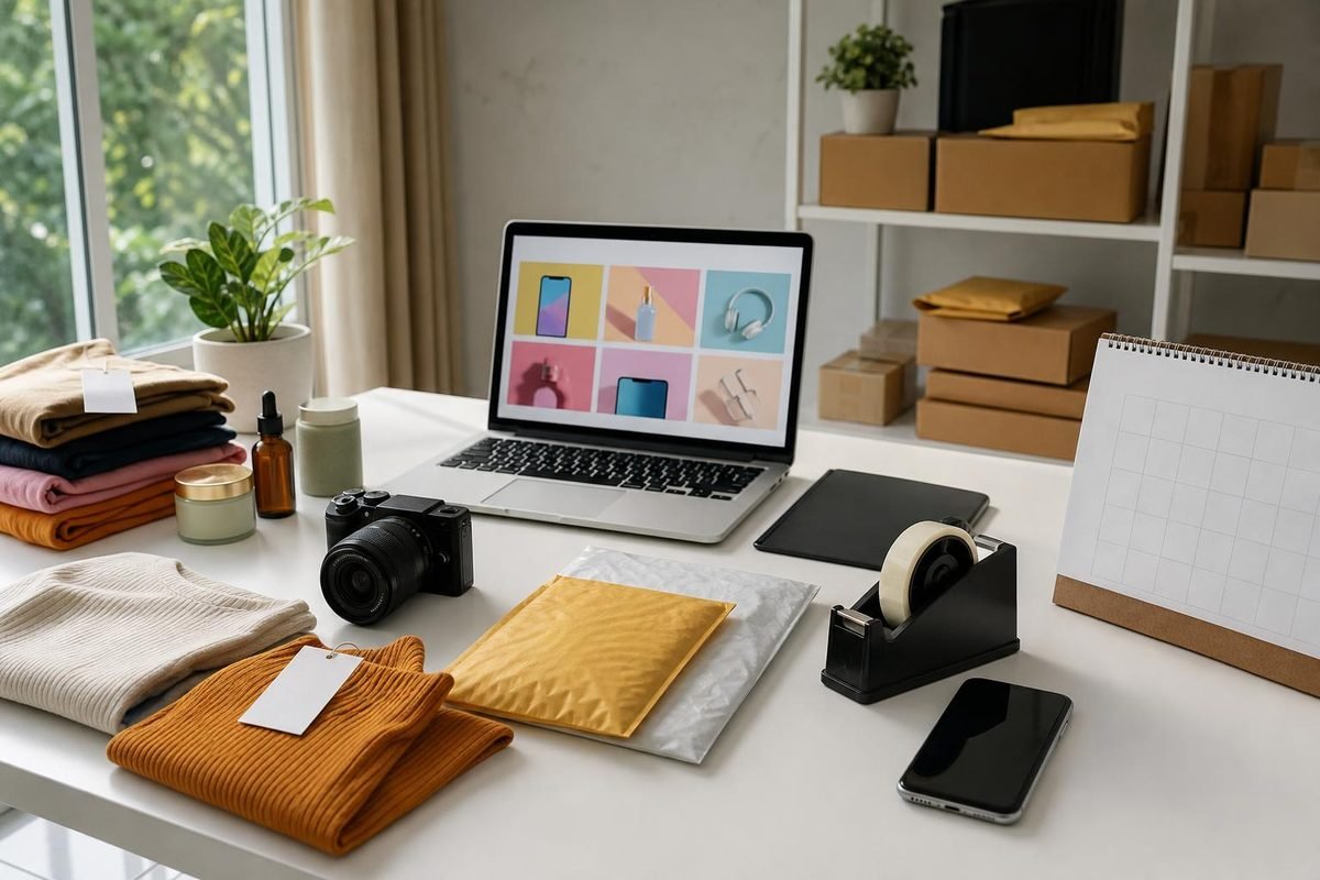 Mesa de e-commerce com amostras, embalagens e notebook para testes de anúncios