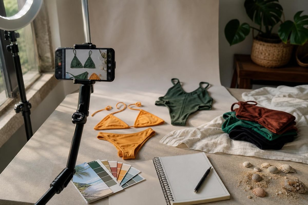Mesa de estúdio com moda praia, celular e acessórios para preparar anúncios