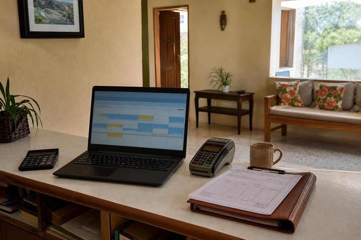 Recepção de pousada com laptop, calculadora e maquininha, sugerindo cálculo de comissão